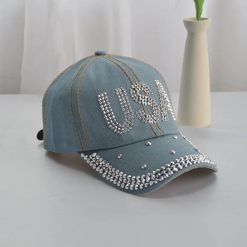 Baseball Cap Women Rhinestone Denim Cloth Sunshade Snapback Hats