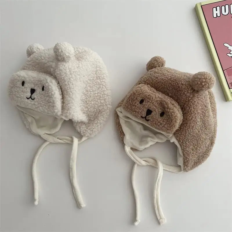 Cartoon Bear Plush Baby Hat Winter Polar Fleece Beanie Cap For Kids