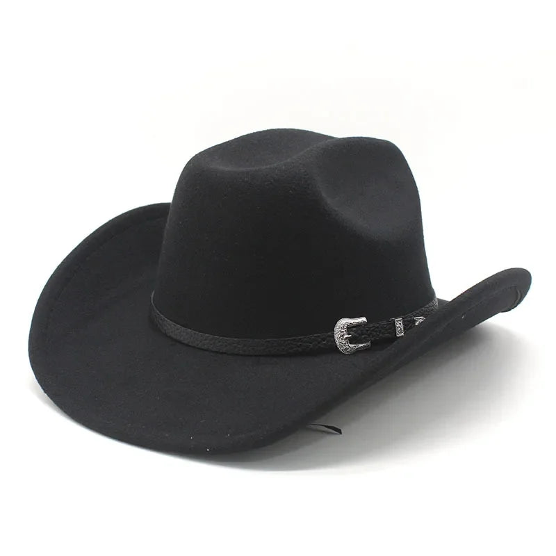 Western Punk Wool Felt Cowboy Hat, Wide Rolled Brim Fedora For Equestrian Riding