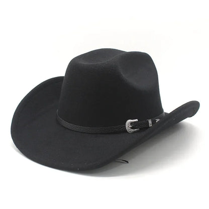 Western Punk Wool Felt Cowboy Hat, Wide Rolled Brim Fedora For Equestrian Riding