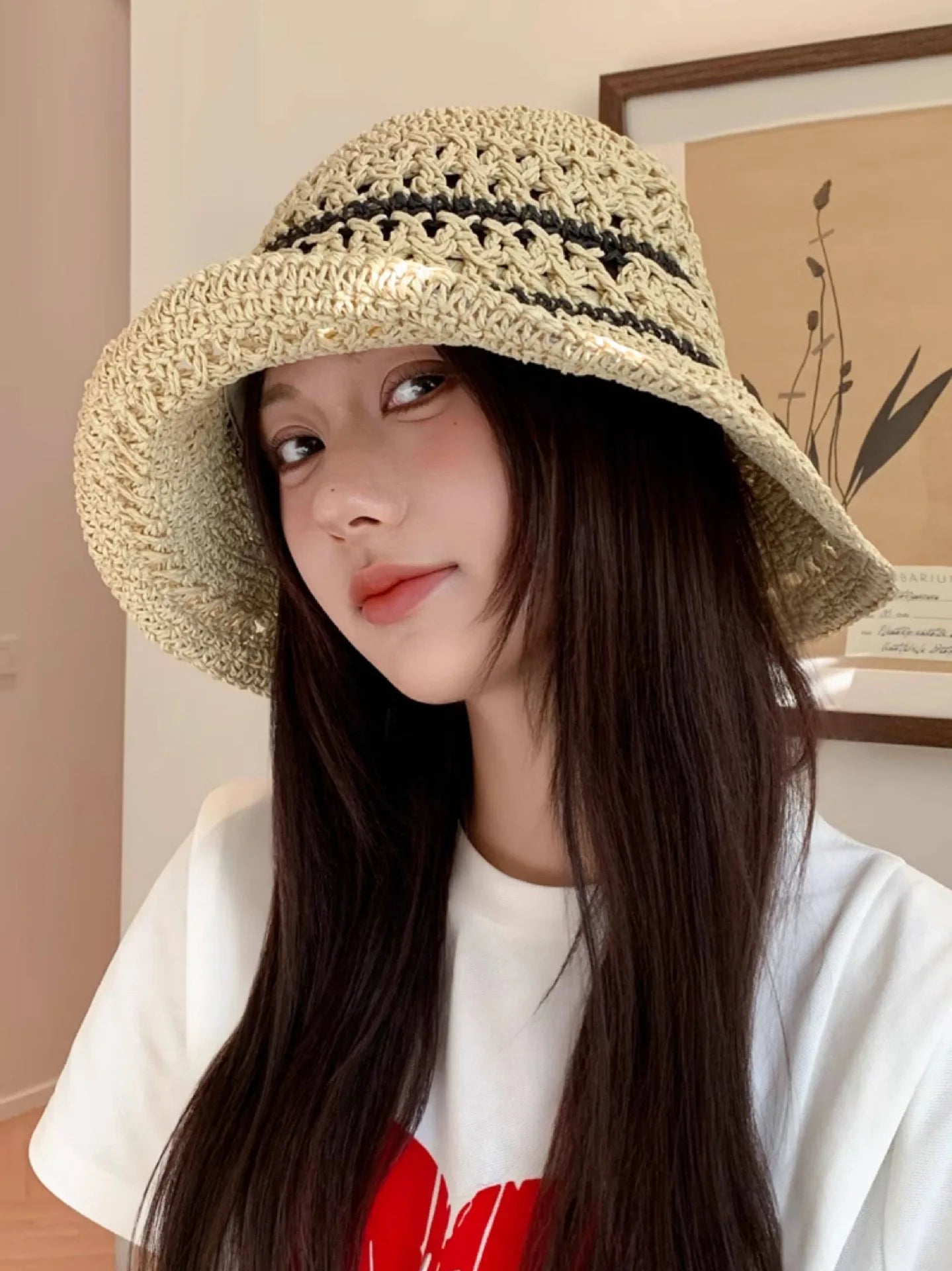 Striped Openwork Knitted Straw Hat Breathable Fisherman's Hat