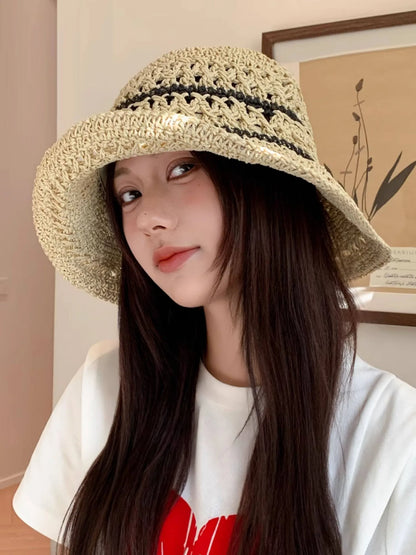 Striped Openwork Knitted Straw Hat Breathable Fisherman's Hat