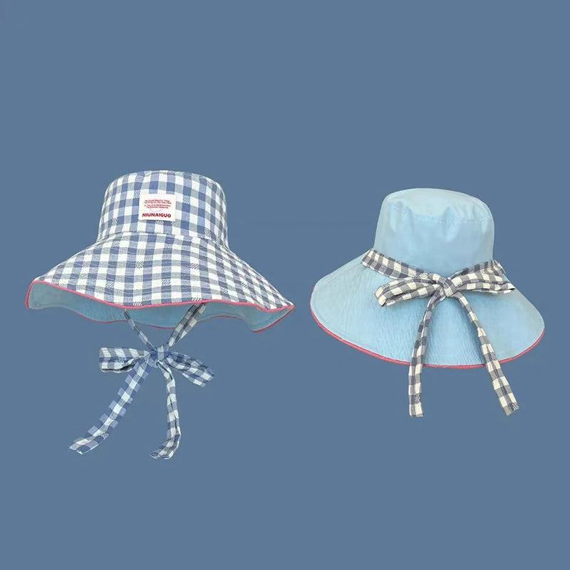 Double-Sided Plaid Wide Edged Lace-Up Bucket Hat