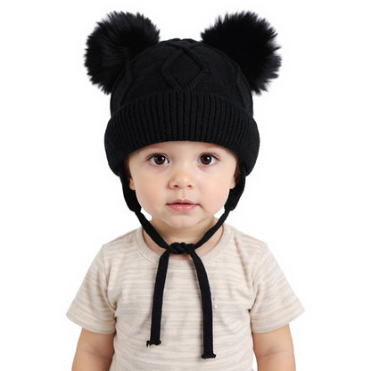 New Autumn Winter Double Ball Knitted Baby Hat For Girls Boys Baby, Ear Protection Hat