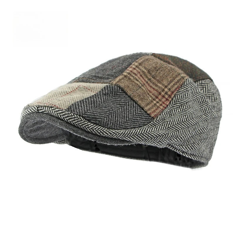 Men Patchwork Tweed Flat Cap Vintage