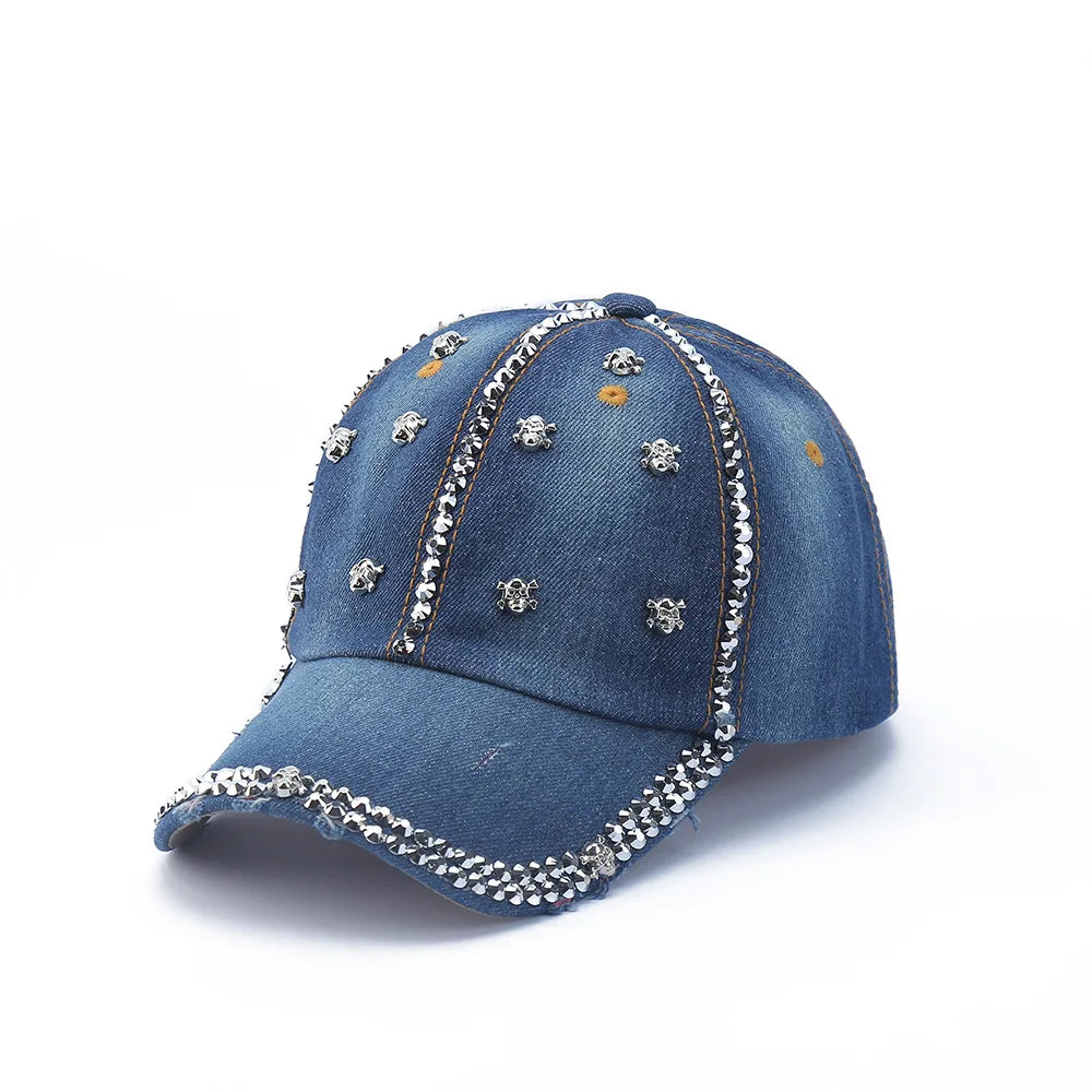 Baseball Cap Denim Distressed Rhinestone Bling Sparkle Hip Hop Hat