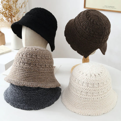 Women Openwork Knitted Bucket Hat Soft Asymmetric Brim Cap