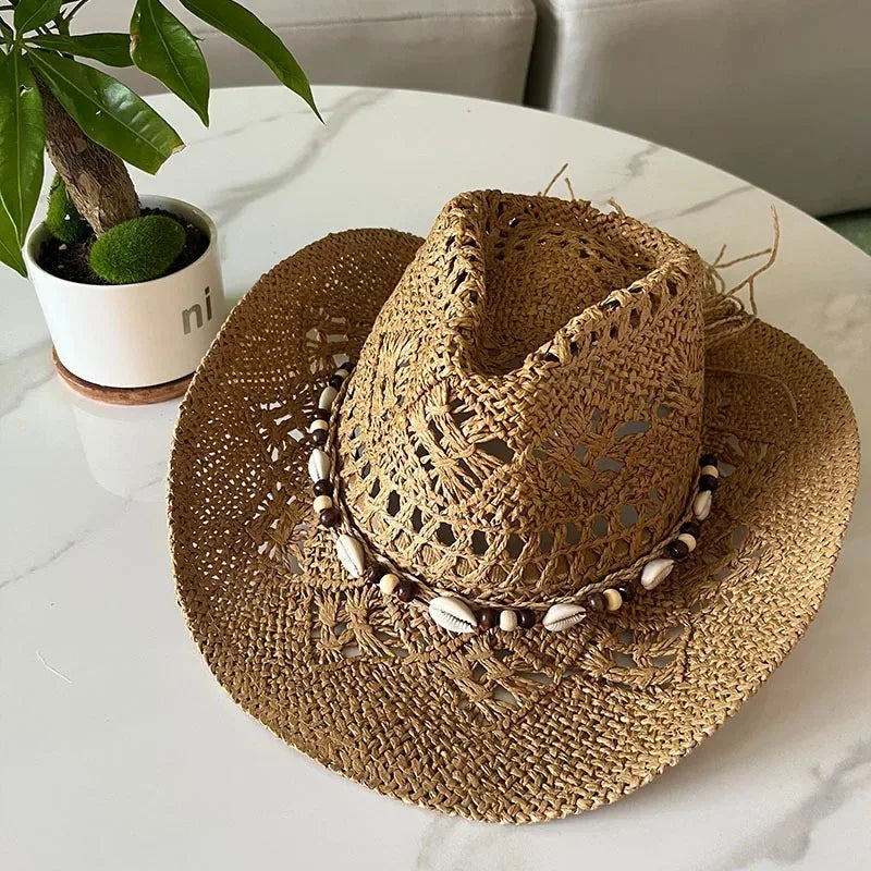 Summer Bohemian Shell Straw Hat Beach Women Men