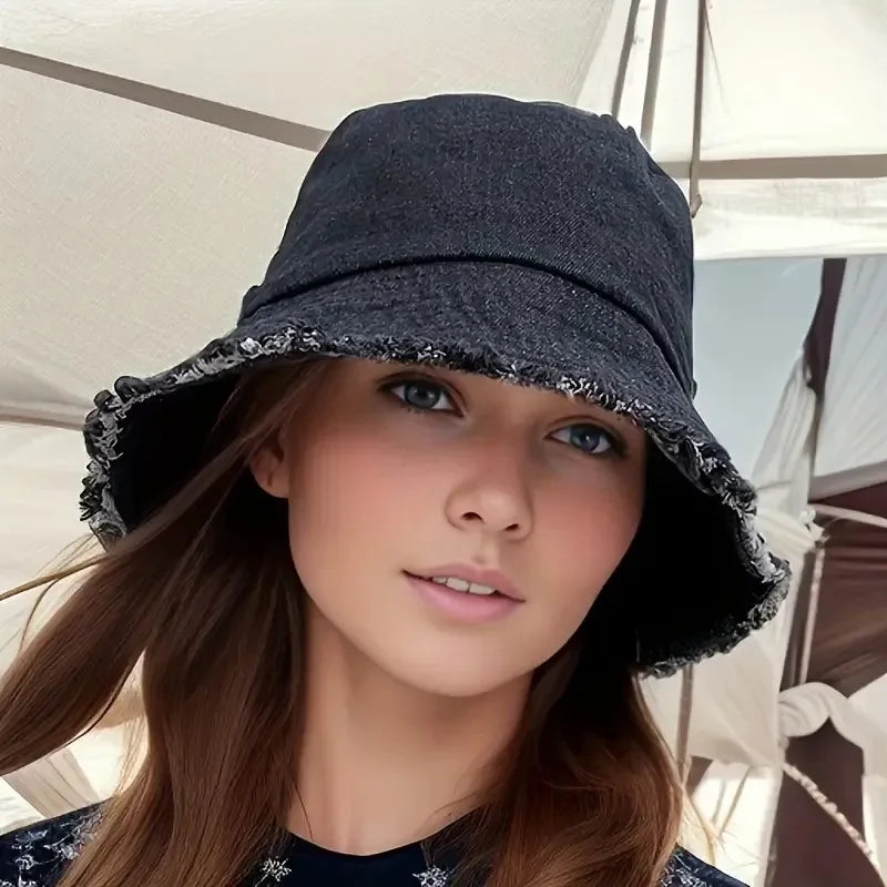 Trendy Frayed Edge Denim Bucket Hat for Women Summer Beach Hat