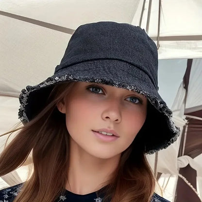 Trendy Frayed Edge Denim Bucket Hat for Women Summer Beach Hat