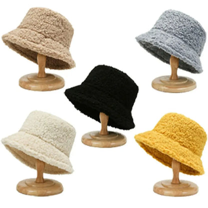 Winter Lamb Wool Soft Warm Bucket Hat Sun Cap Panama Hat Fisherman Cap