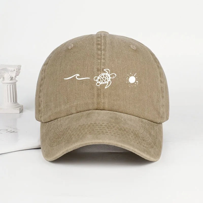 Retro Washed Baseball Cap With Wave Turtle and Sun Print Unisex Adjustable Dad Cap Summer Beach Sun Hat