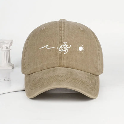Retro Washed Baseball Cap With Wave Turtle and Sun Print Unisex Adjustable Dad Cap Summer Beach Sun Hat