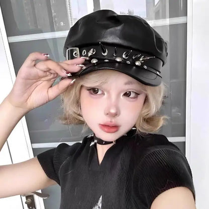Vintage Rivet Beret Harajuku Y2K Girl Gothic Lolita Black Leather