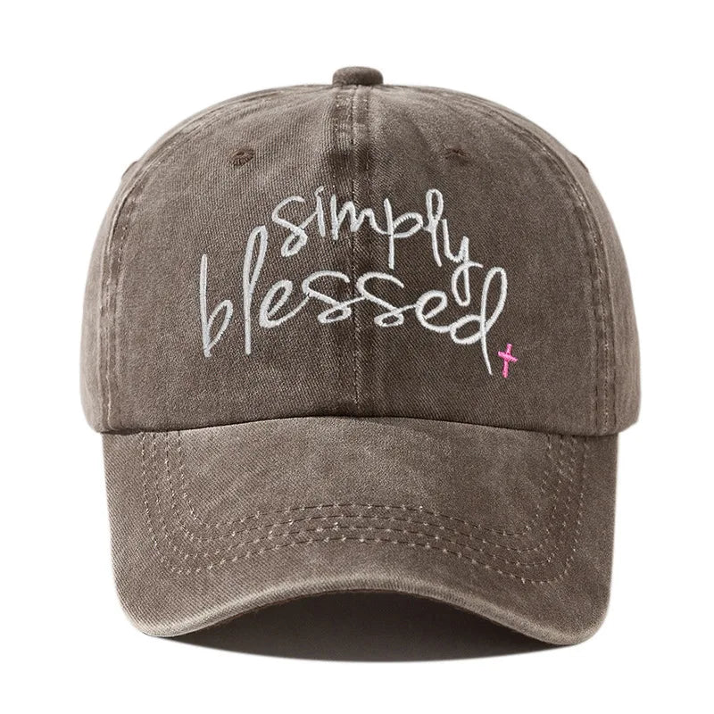 Simply Blessed Wide Brimmed Sunshade, Water Washed Embroidered English Letter Baseball Hat