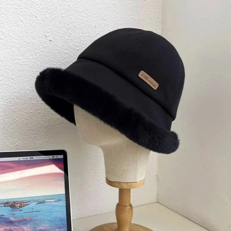 Fashion Fluffy Fur Bucket Hat For Women Winter Thick Warm Panama Fisherman Hat