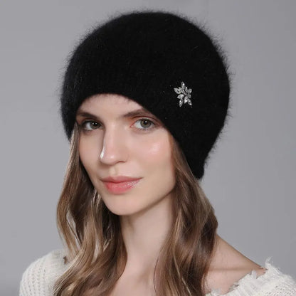 Women Winter Warm Fashion With Diamond Flower Beanies Knitted Angora Long Rabbit Fur Hats
