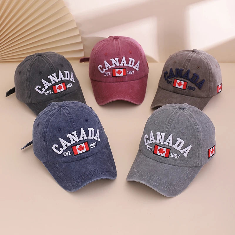 Fashionable and Retro Washed Embroidered Letter Maple Leaf Soft Top Baseball Cap