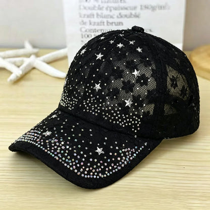Shiny Rhinestone Lace Flower Baseball Cap