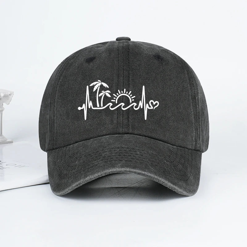 Vintage Washed Palm Tree Sunset Graphic Baseball Cap Adjustable Casual Hat For Daily Travel Beach