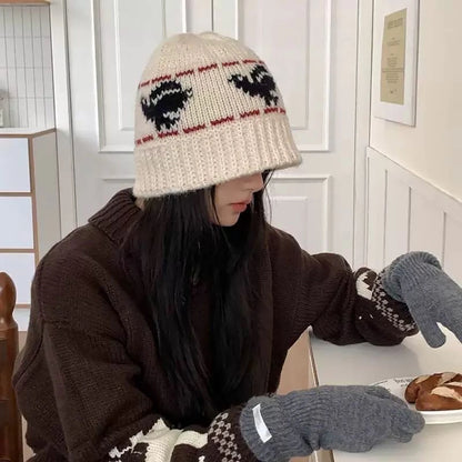 Vintage Jacquard Wool Knitting Hat For Women Autumn Winter