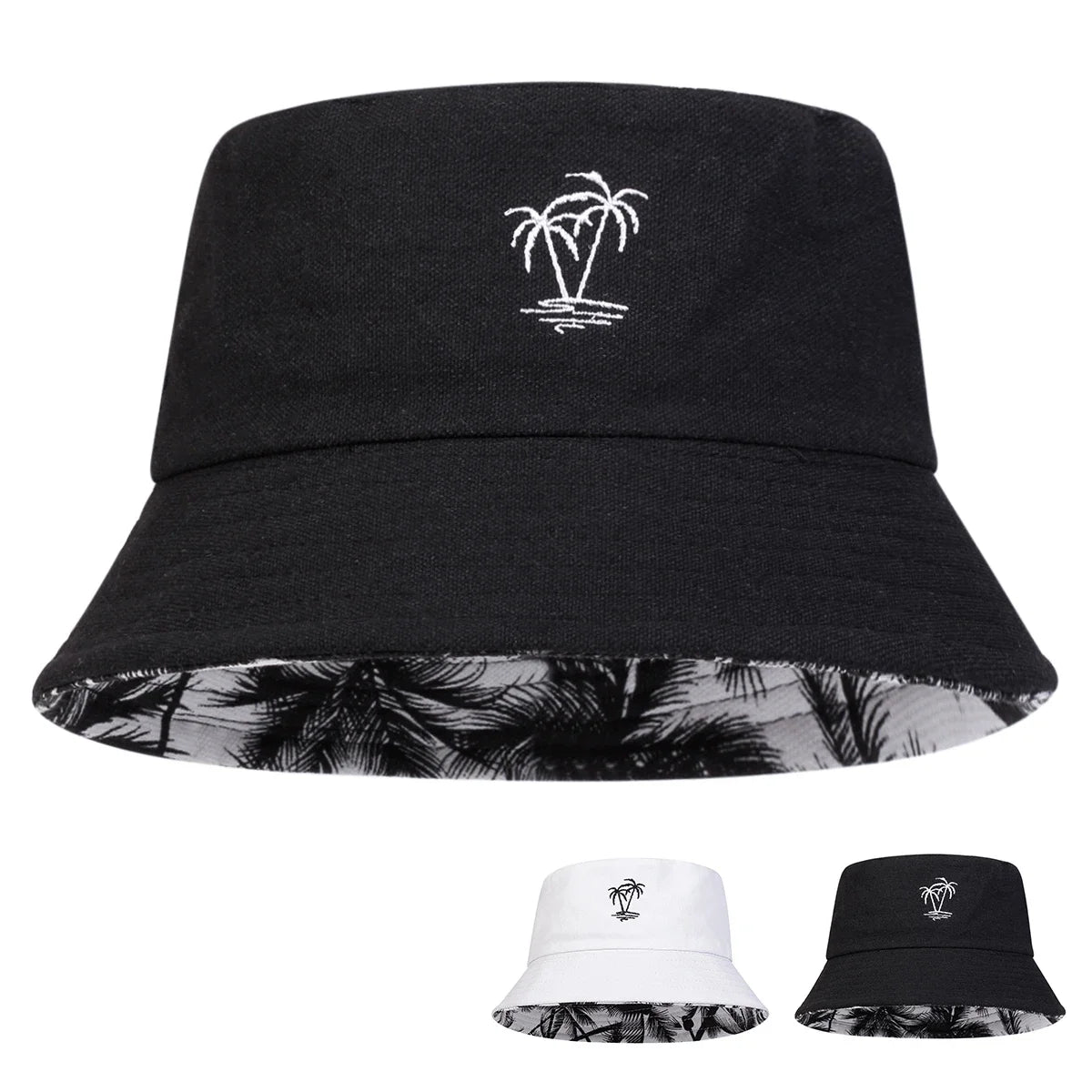 Unisex Coconut Tree Embroidery Double Sided Wearing Bucket Hats