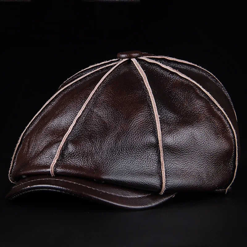 Men's Genuine Leather Warm Octagonal Cap Elegant Adjustable Newsboy Beret