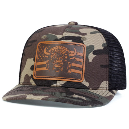 Unisex Brown Flag Bull Head Leather Label Baseball Net Caps Spring And Summer