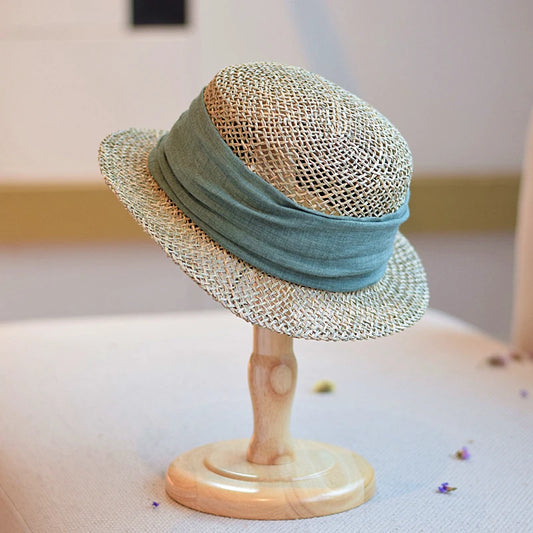 French British Retro Seaweed Woven Hollow Straw Top Hat