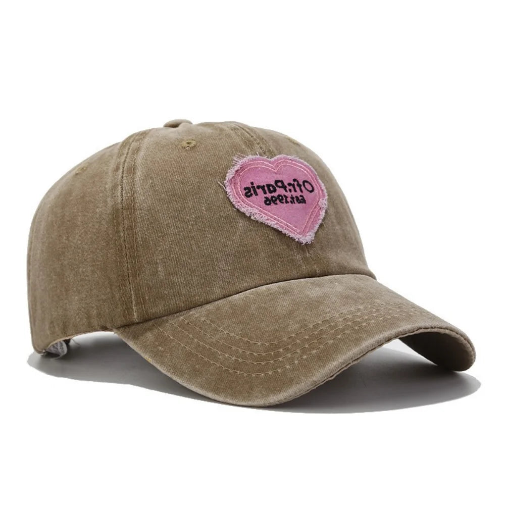 Y2K Trendy Distressed Heart-Patterned Fabric Label Letter Embroidery Baseball Cap