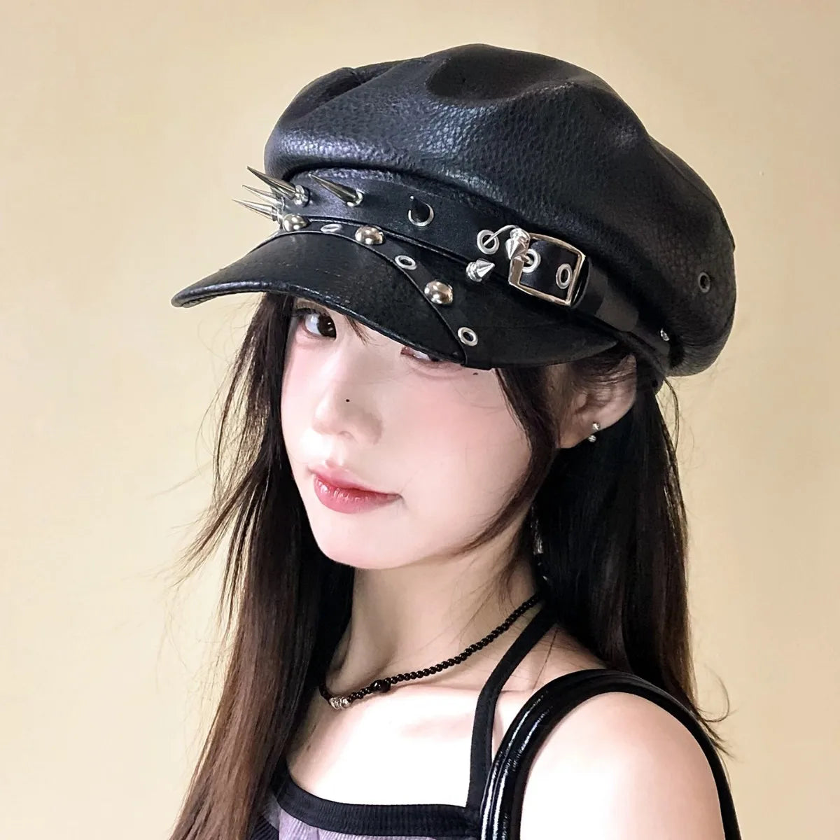 Gothic Punk Faux Leather Military Cap Spiked Studded Cadet Hat