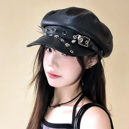 Gothic Punk Faux Leather Military Cap Spiked Studded Cadet Hat