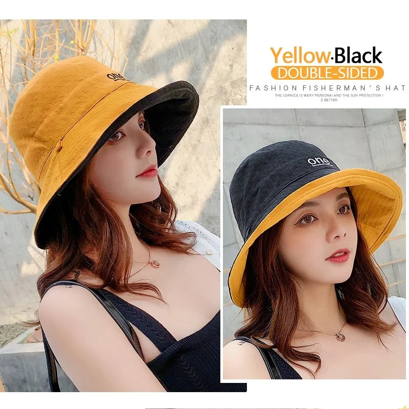 Womens ‘ONE‘ Letter Embroidery Double-Sided Cotton Bucket Hat