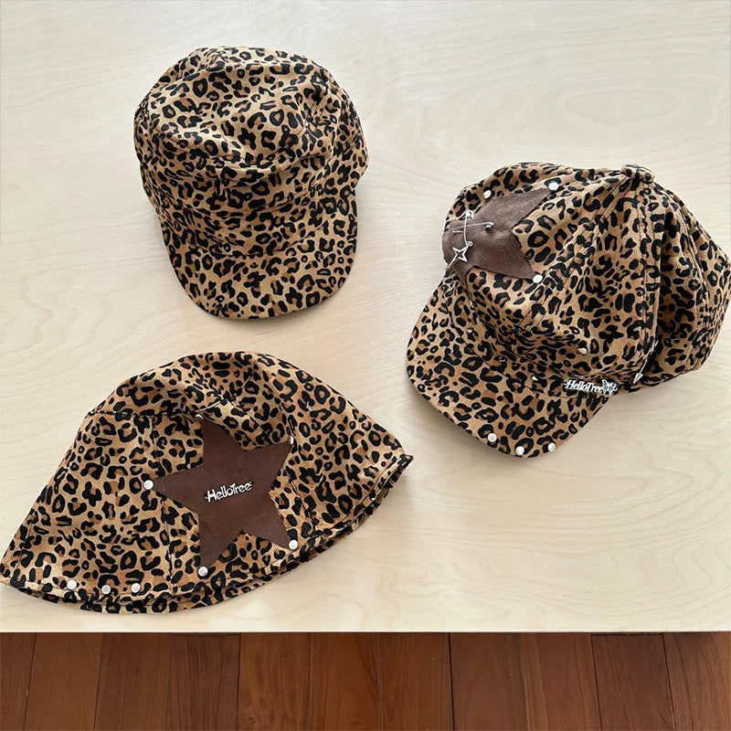 Y2K American Retro Street Leopard Print Rivet Fisherman Hat