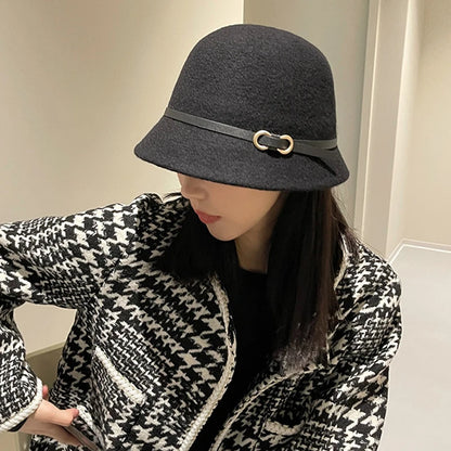 New Fashion Unisex Solid Color Wool Winter Hat With Belt Autumn Bucket Wool