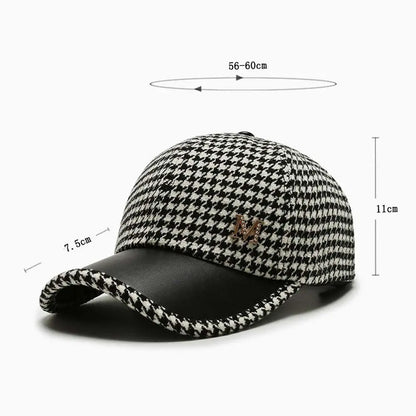 Pu Leather Brim Houndstooth Baseball Cap Face Cap Korean Style Hat