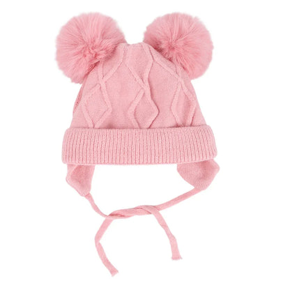 New Autumn Winter Double Ball Knitted Baby Hat For Girls Boys Baby, Ear Protection Hat