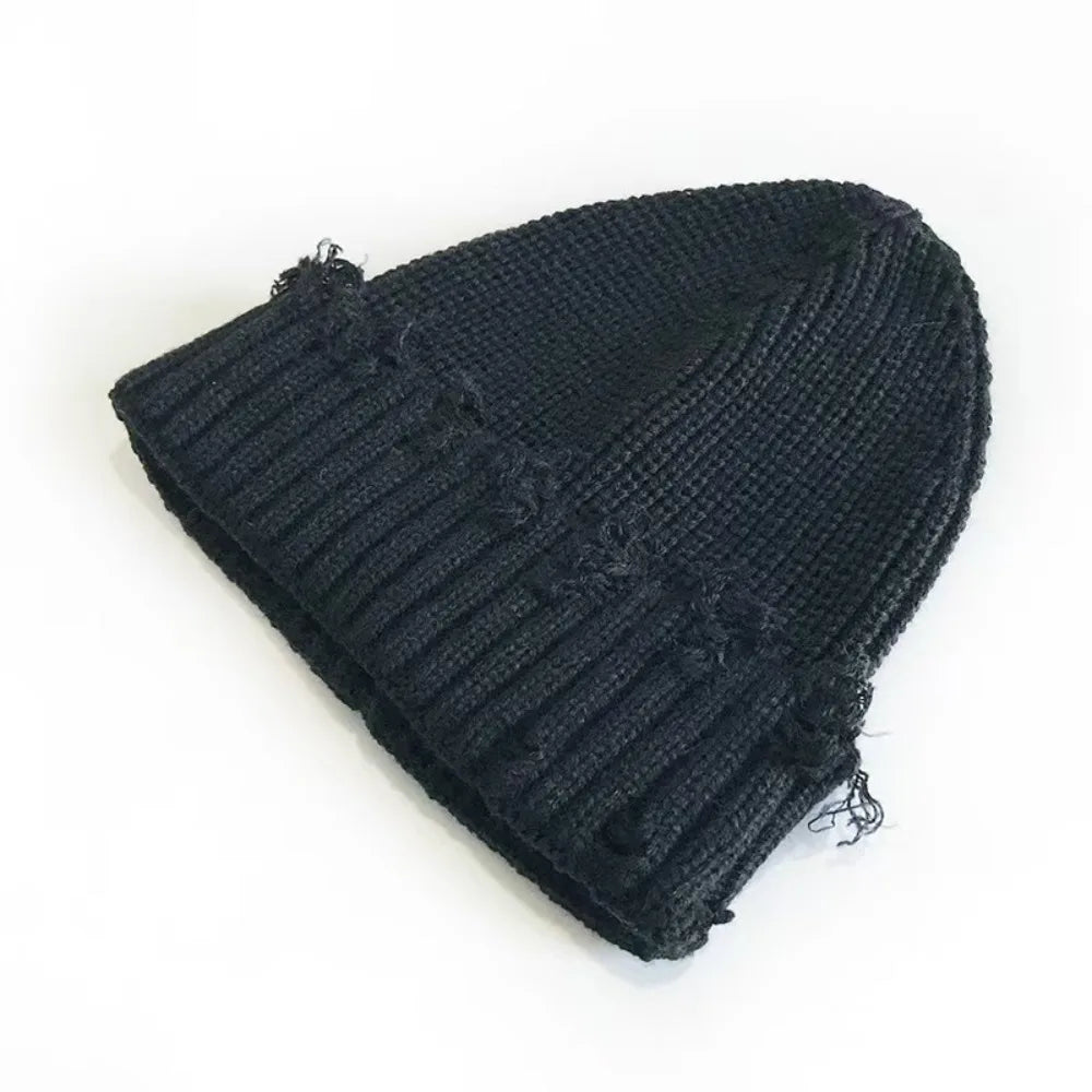 New Dilapidated Hole Knitted Hat Solid Color Ear Protection Warm Cap