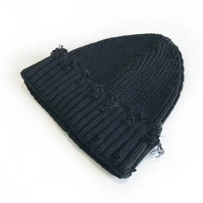New Dilapidated Hole Knitted Hat Solid Color Ear Protection Warm Cap