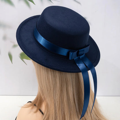 Elegant Flat Top Flat Edge Woolen Academy Style Bowtie Ribbon Hat