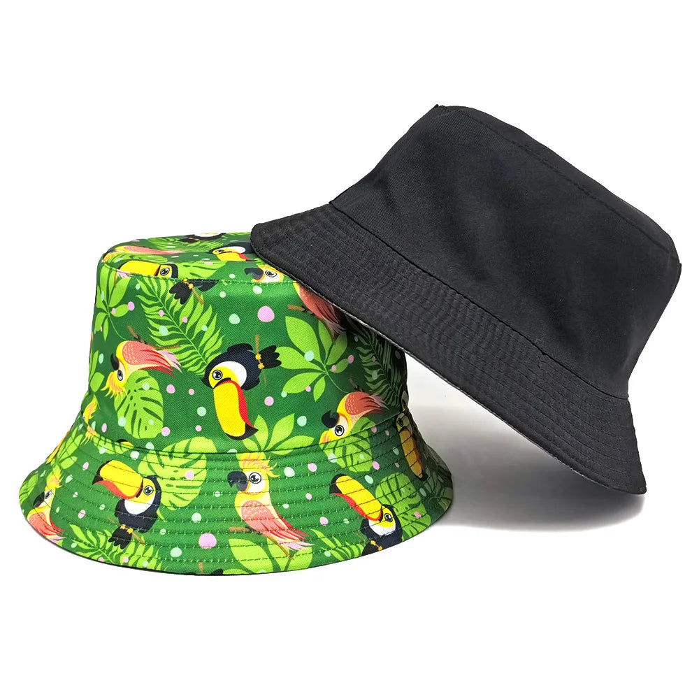 Green Leaf and Bird Pattern Bucket Hats Women Men