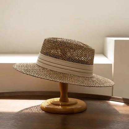 French Ribbon Tie Flat Brim Straw Hat Women