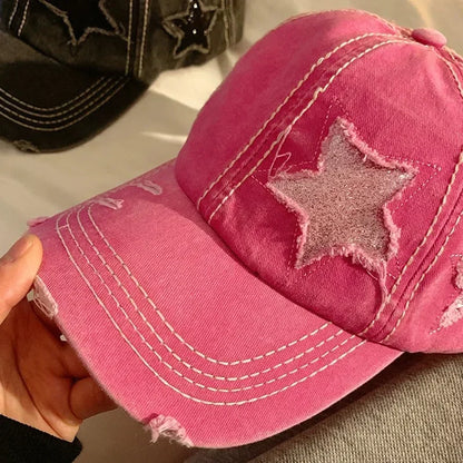 Retro Y2K Star Washed Denim Hole star Baseball cap Hats