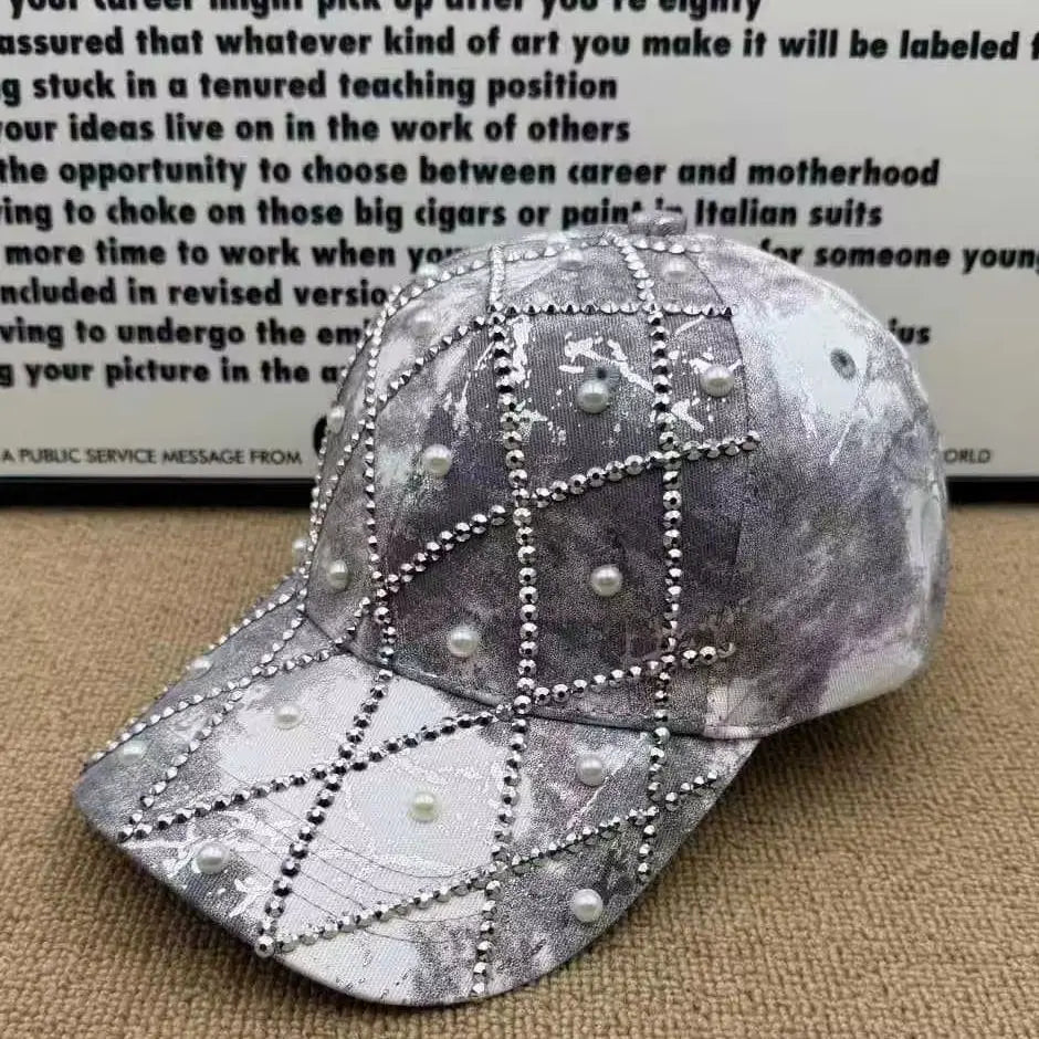 Unisex Retro Versatile Tie-Dye Quilted Rhinestone Imitation Pearl Baseball Cap