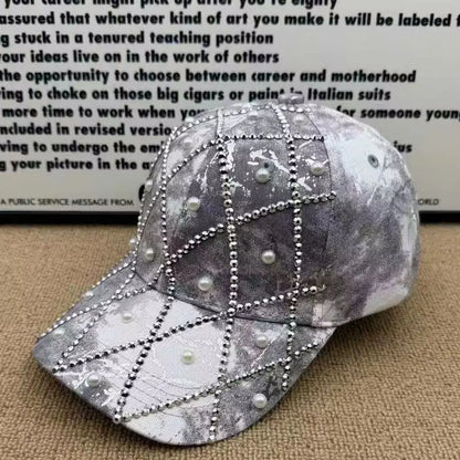Unisex Retro Versatile Tie-Dye Quilted Rhinestone Imitation Pearl Baseball Cap