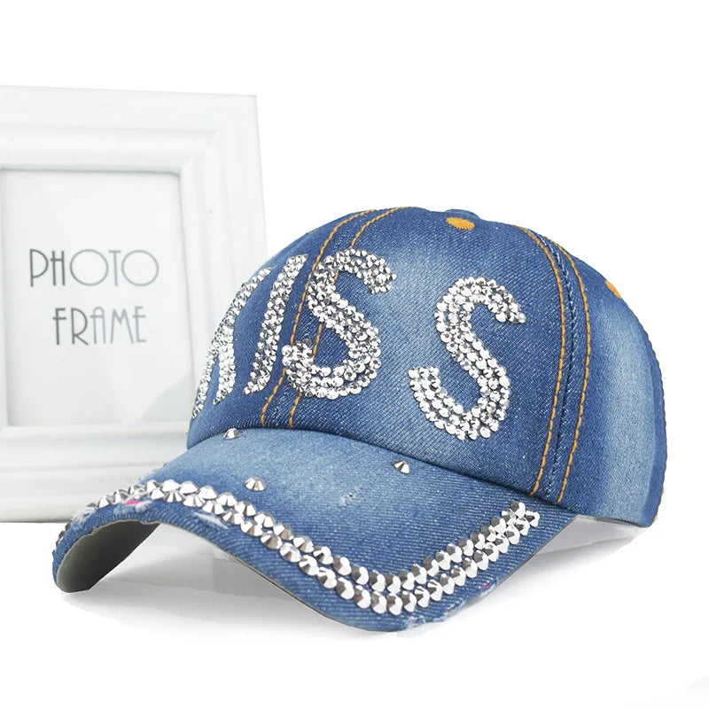 New Women Washed Denim Rhinestone Crown Baseball Cap