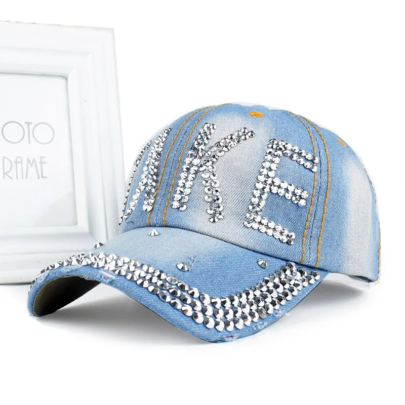 New Women Washed Denim Rhinestone Crown Baseball Cap