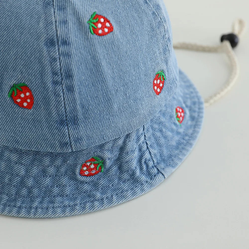 Cherry Embroided Jeans Fisherman Hat for Child 2-6Y Bucket Hat for Children Cotton Jeans