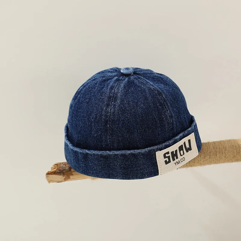 Washed Denim Baby Brimless Hat Retro Letter Embroidered Melon Cap For Kids
