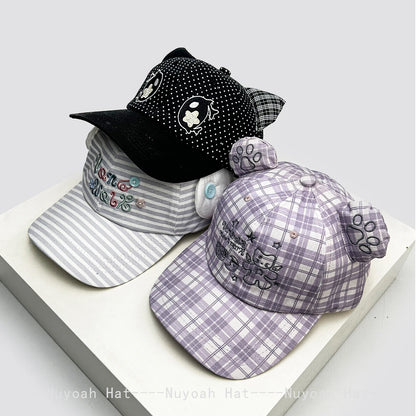 Korean Style Women Cartoon Cat Bear Ears Baseball Cap Plaid Sunshade Wing Versatile Penguin Peaked Cap